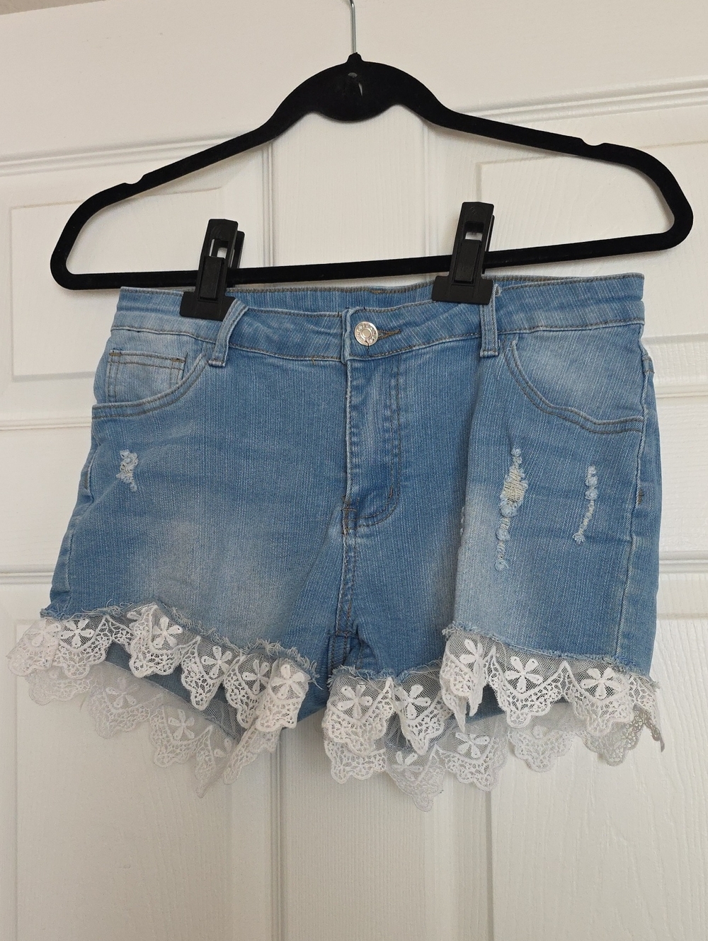 Light Blue Denim Shorts with White Lace Trim - Women's